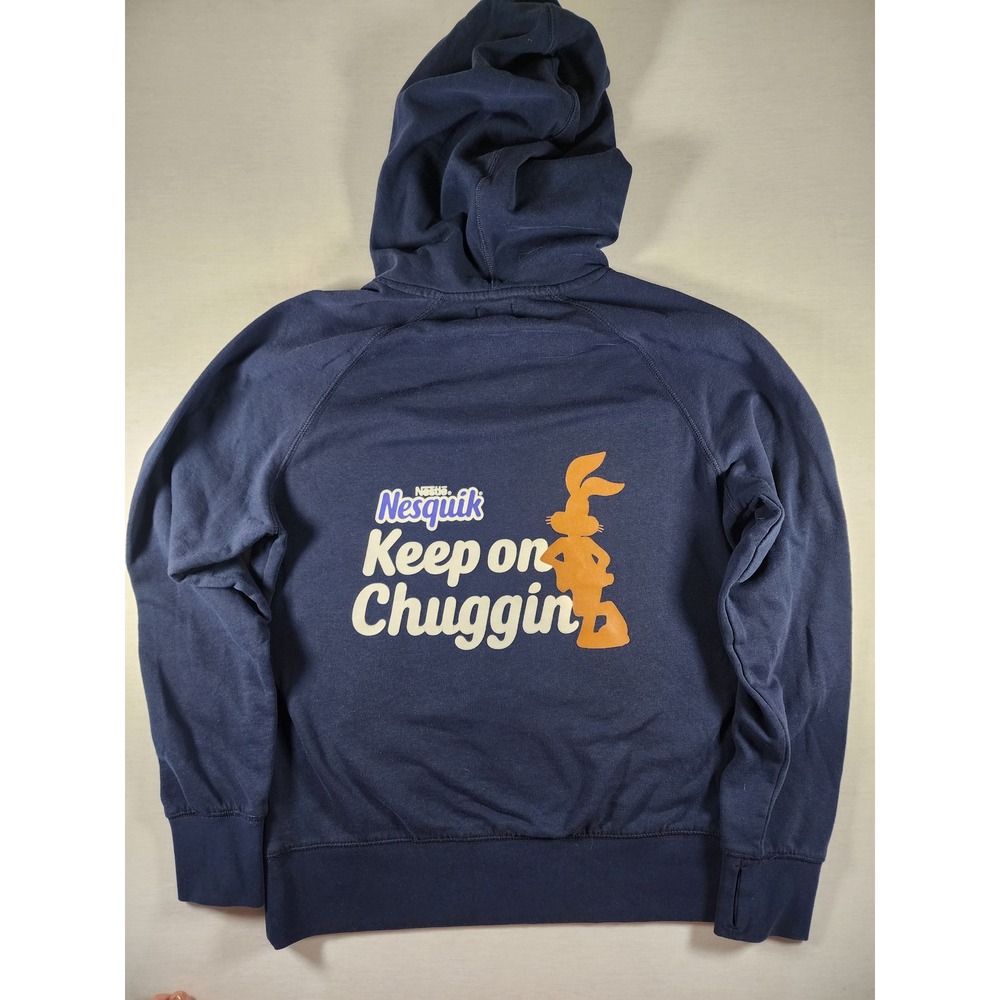Nestle Nesquik Hoodie Mens M Keep on Chuggin Quicky Bunny Y2K Retro Navy Blue - Picture 4 of 11